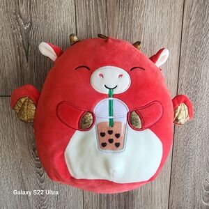 Squishmallows Baiden The Red Dragon With Boba 8" Stuffy Squish Foodie